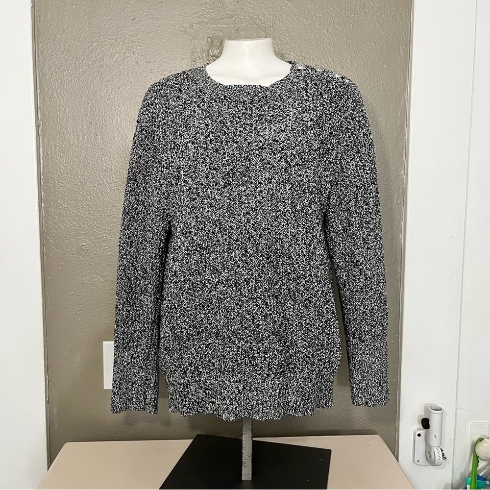 Lauren Ralph Lauren Black White Marled Sweater Women’s M Shoulder Buttons